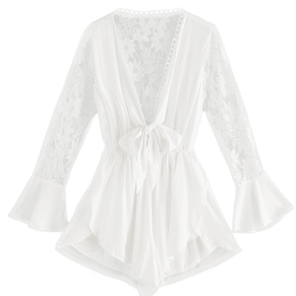Tie Front Lace Panel Wide Leg ROMPER